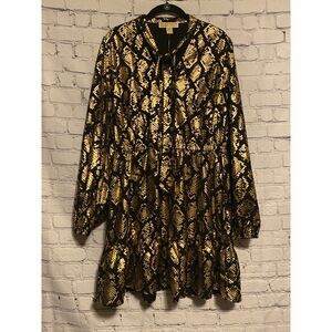 Michael Kors Black and Gold V Neck Tie Collar Long Sleeve Dress Size L NWT
